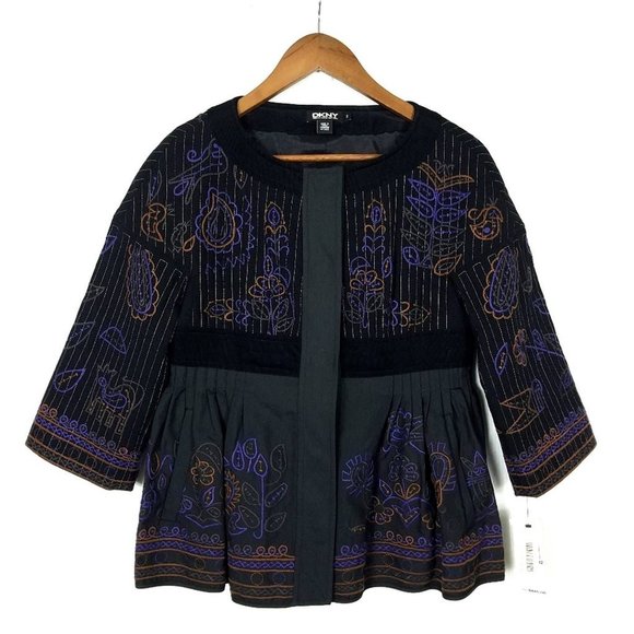 DKNY Collarless Black Embroidered Peplum Jacket Blazer - Size 8 - Picture 1 of 6